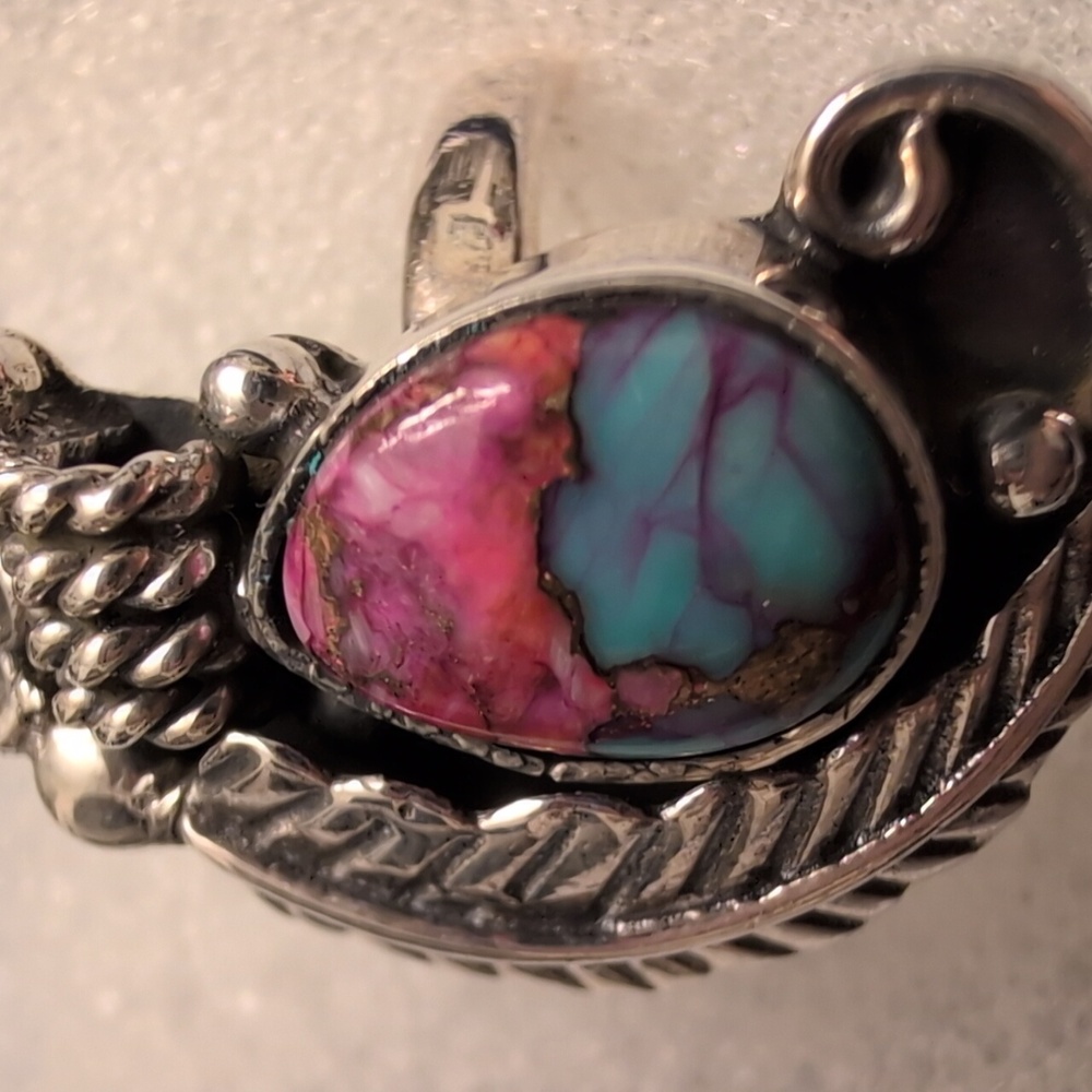 Sterling Silver Floral Feather Turquoise and Pink Stone Ring - Picture 8 of 8